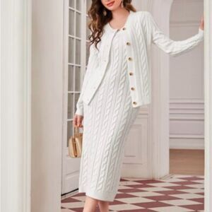 #317 SWEATER SET White Cable Knit Cardigan and Dress Set